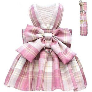 Pink Plaid Dog Dress with Bow Tie Harness Leash Set